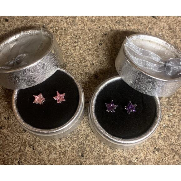 Unbranded Jewelry - Two Pair Star Stud Earrings Pink Ice & Purple Silver Tone Rhodium Plated